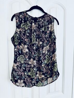 Mr Jax size 10 Black Floral Sleeveless viscose blouse with Pink & Green Accents